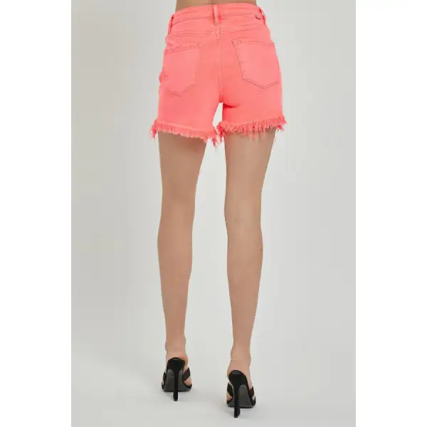 Risen Raw Hem Asymmetrical Waist Denim Shorts