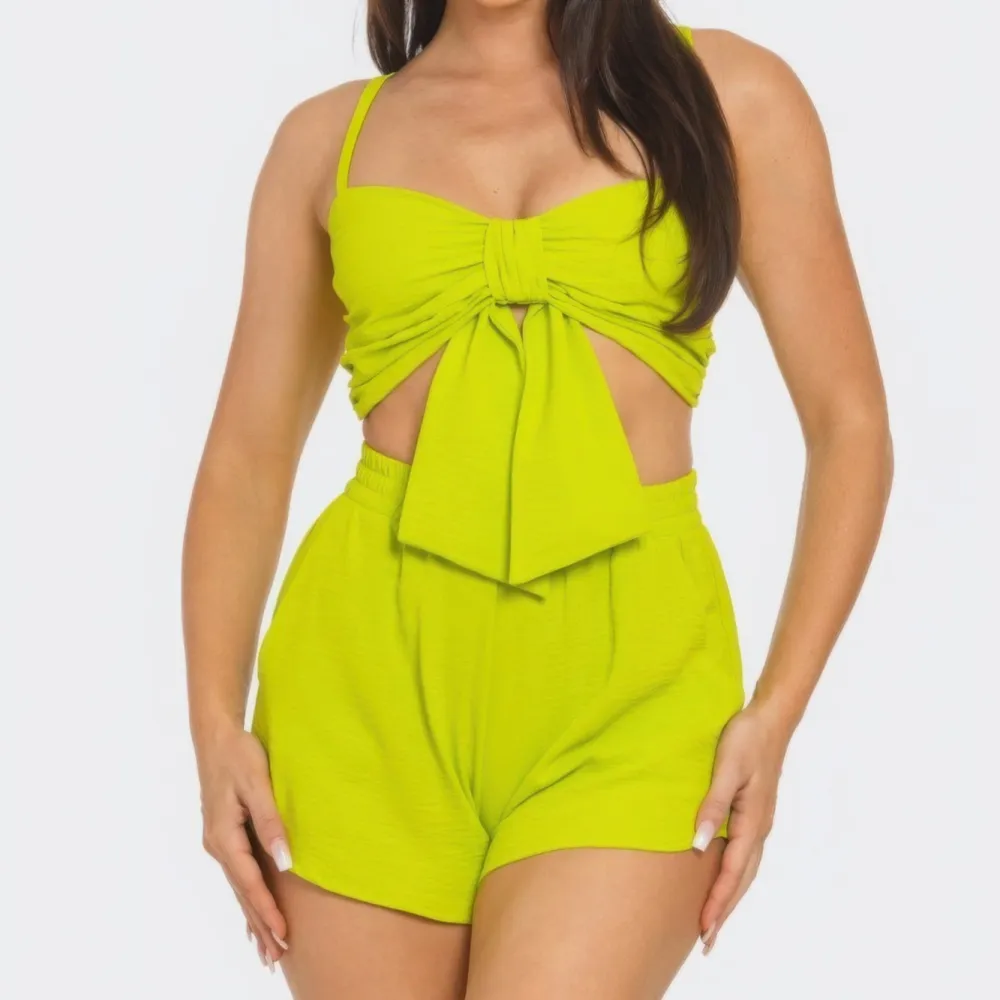 Front Oversized Bow Twisted Tie Top And Shorts Set
