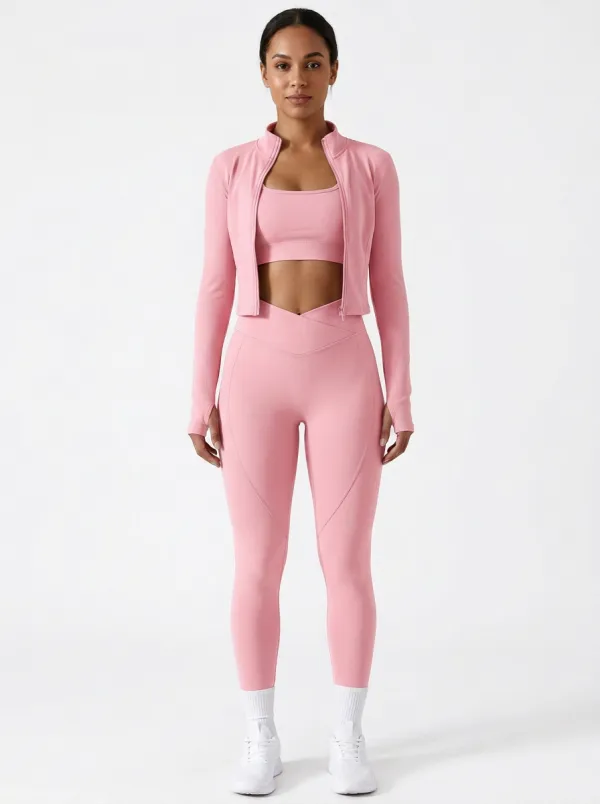 Performance-Inspired Ribbed Texture Seamless Design Casual Look Women's Three Piece Activewear Set