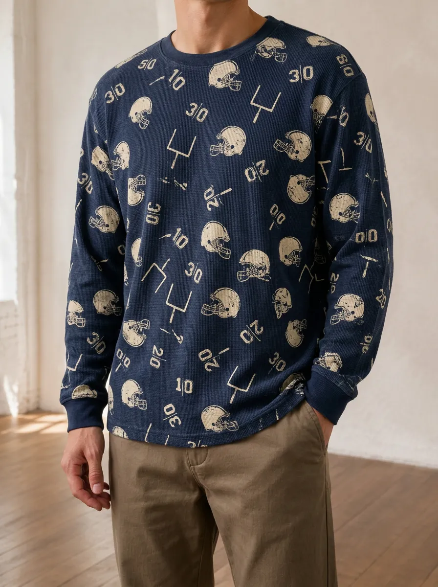 Men's American Football Lover Helmet Goalpost Printed Long Sleeve Top