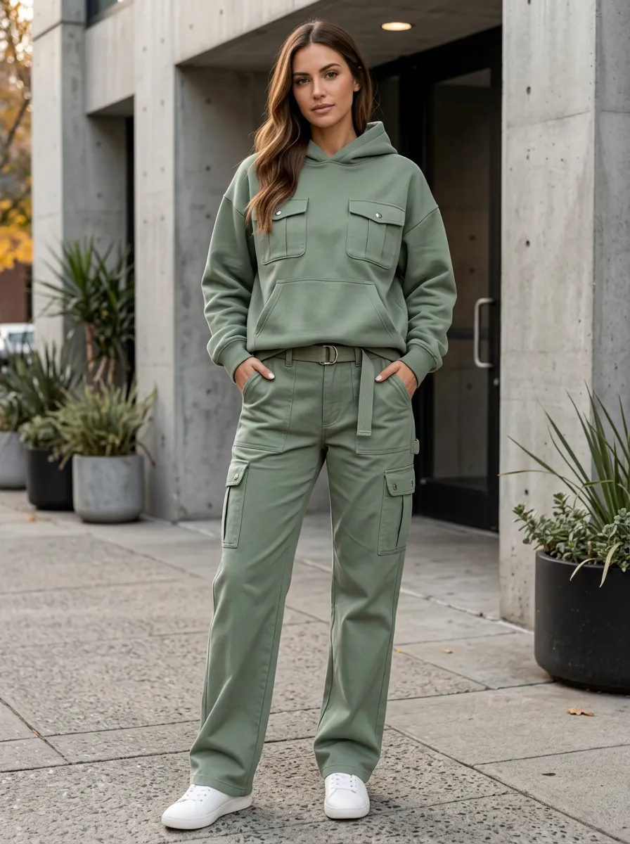 Women's Sage Green Utility Pocket Hoodie and Cargo Pants Set