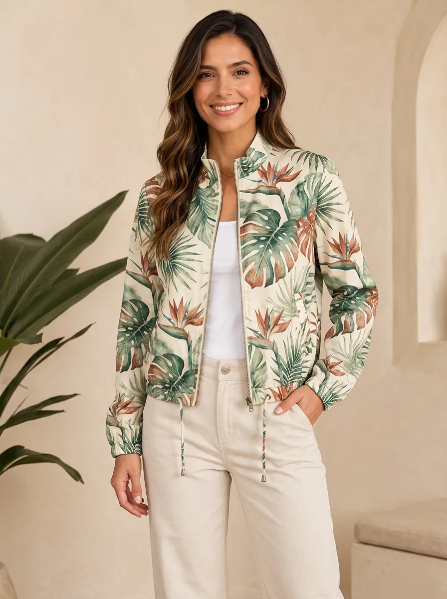 Women's Tropical Botanical Monstera Bird of Paradise Printed Bomber Jacket