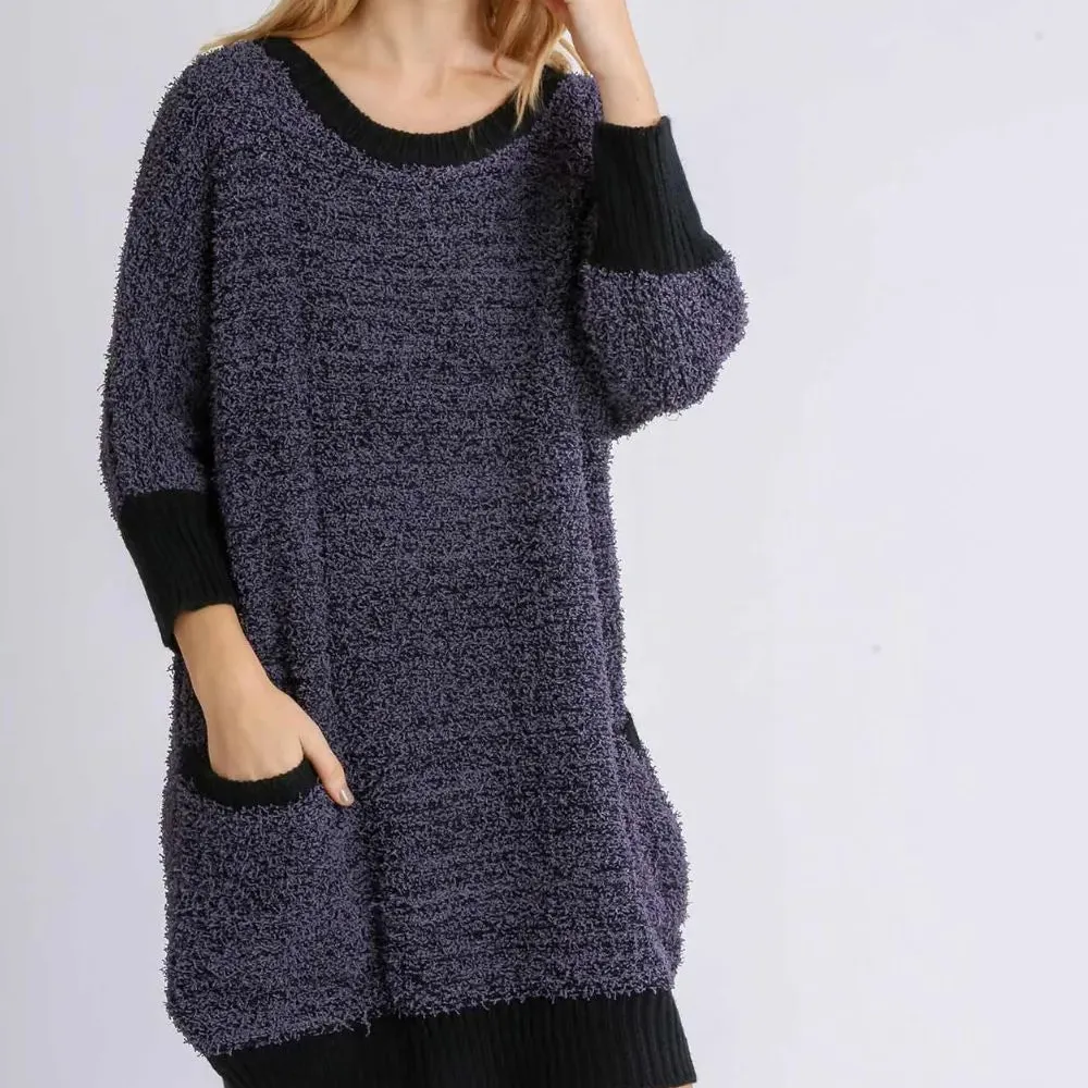 Ribbed Hem Round Neck / Sleeve Sweater Dress with Pockets