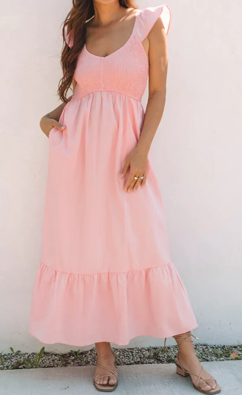 Classic V Neck Flutter Sleeve Smocked Bodice High Waist Ruffle Maxi Dress