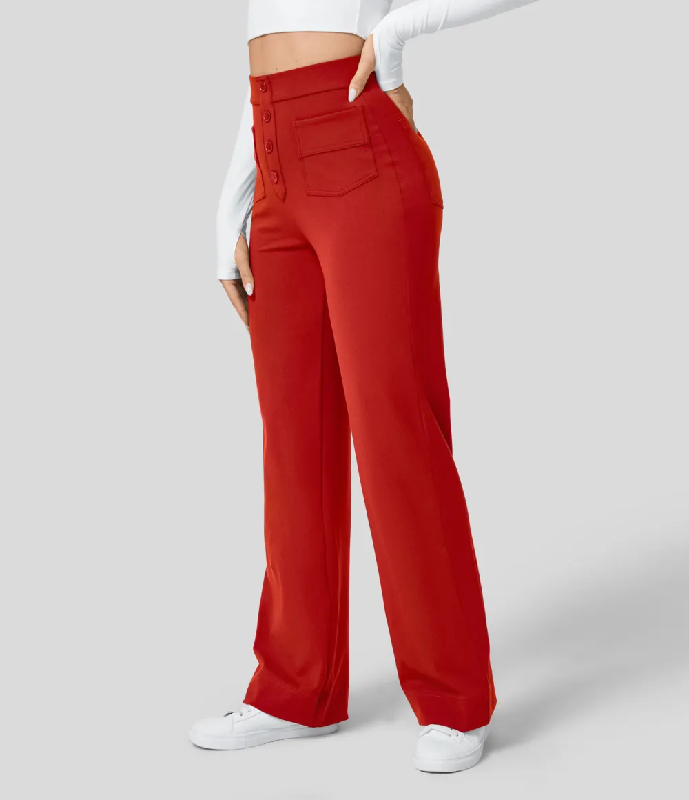 High Waisted Button Multiple Pockets Straight Leg Casual Pants