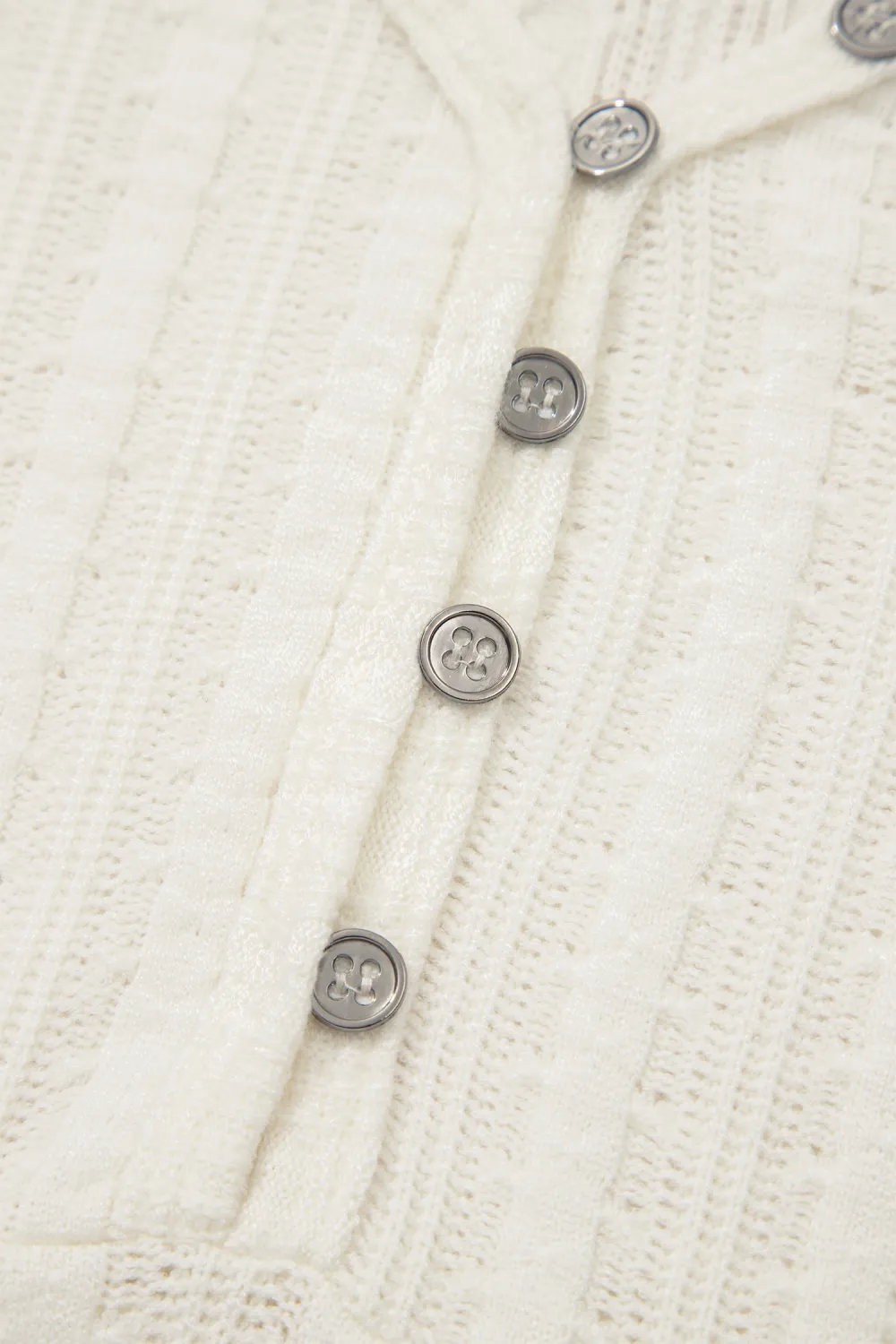 White Textured Button V Neck Tee