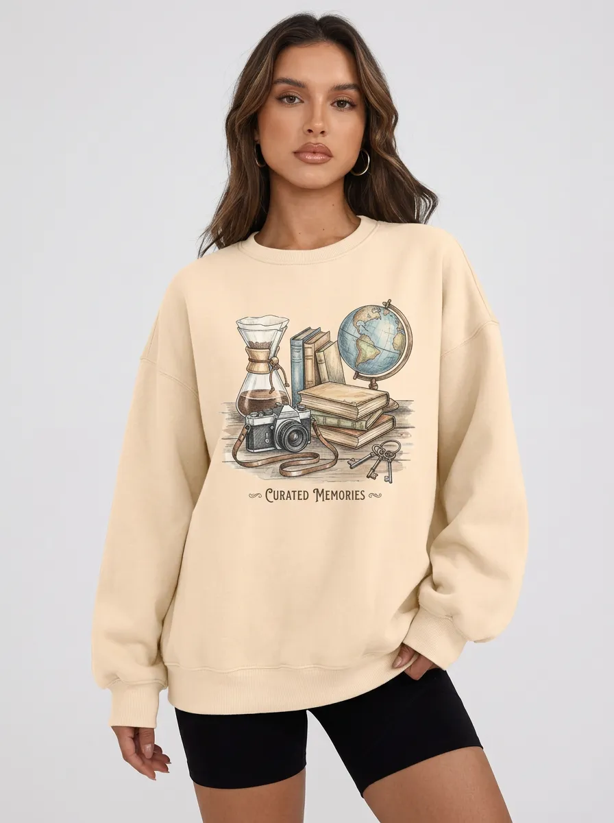 Women's Travel Book Globe Camera Graphic Sweatshirt