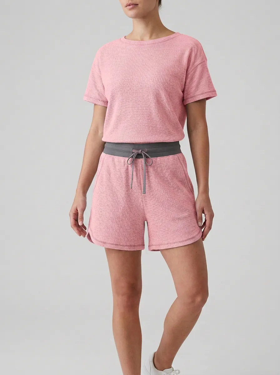 Women's Waffle Textured Lounge Inspired T-Shirt and Shorts Active Set