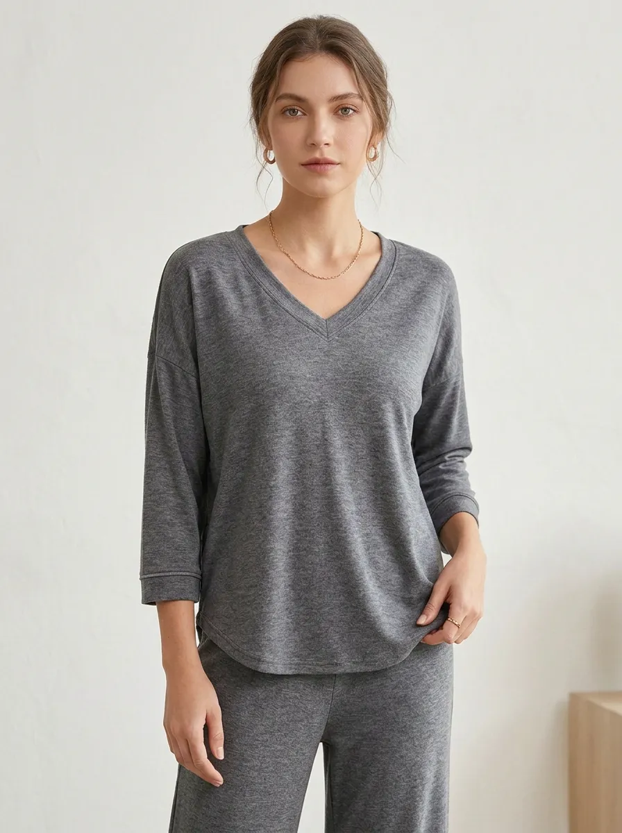 Short-Sleeve Three-Quarter-Sleeve Ribbed Women's V-Neck Casual Lounge Set