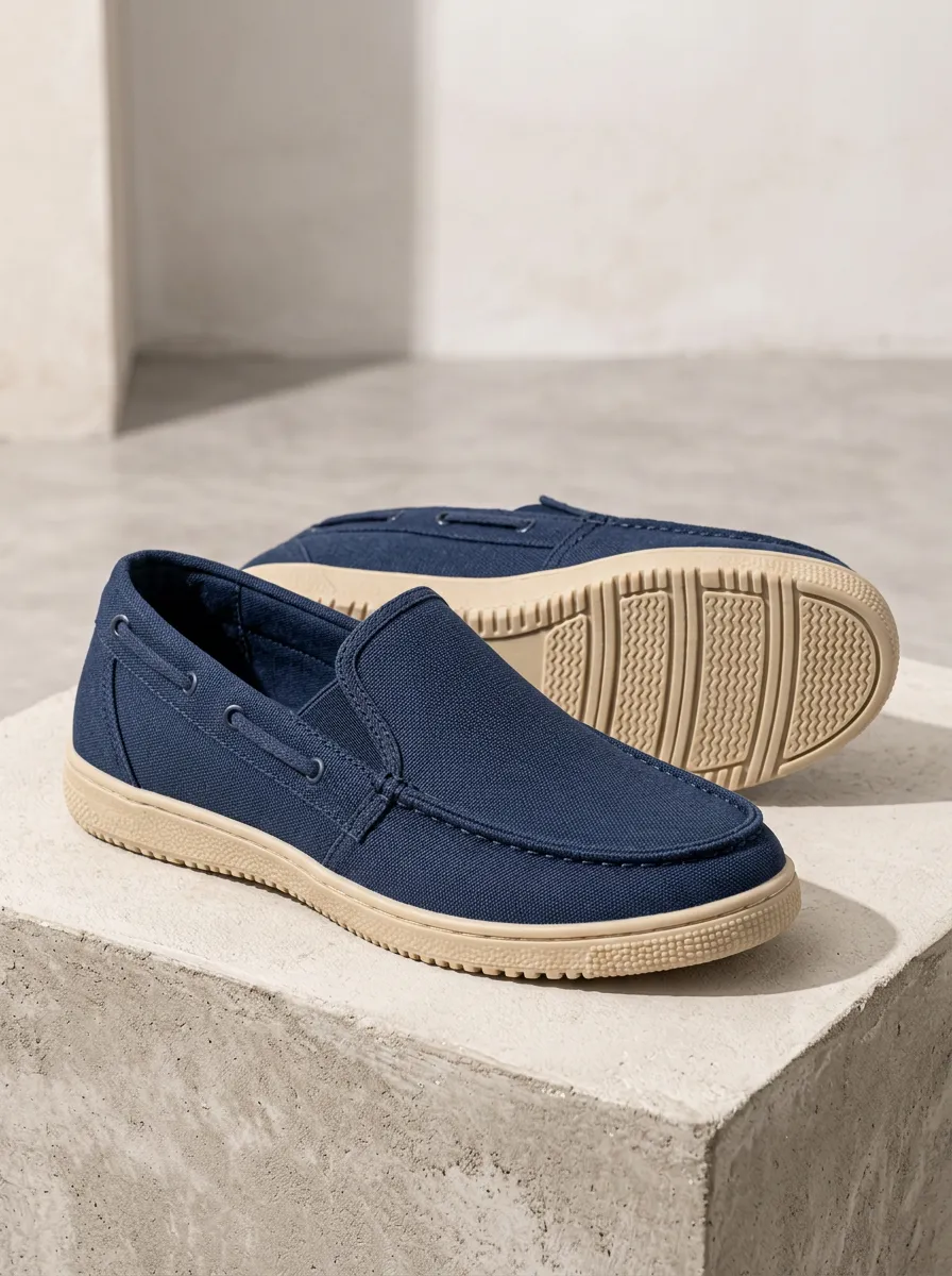 Men's Navy Canvas Moc-Toe Side-Lace Low-Profile Slip-On Boat Shoes
