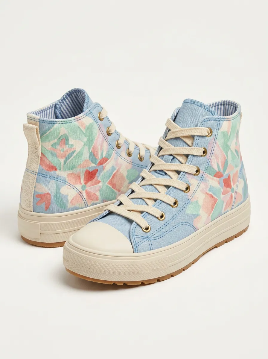 Women's Floral Pattern Pastel Blue Printed High Top Shoes