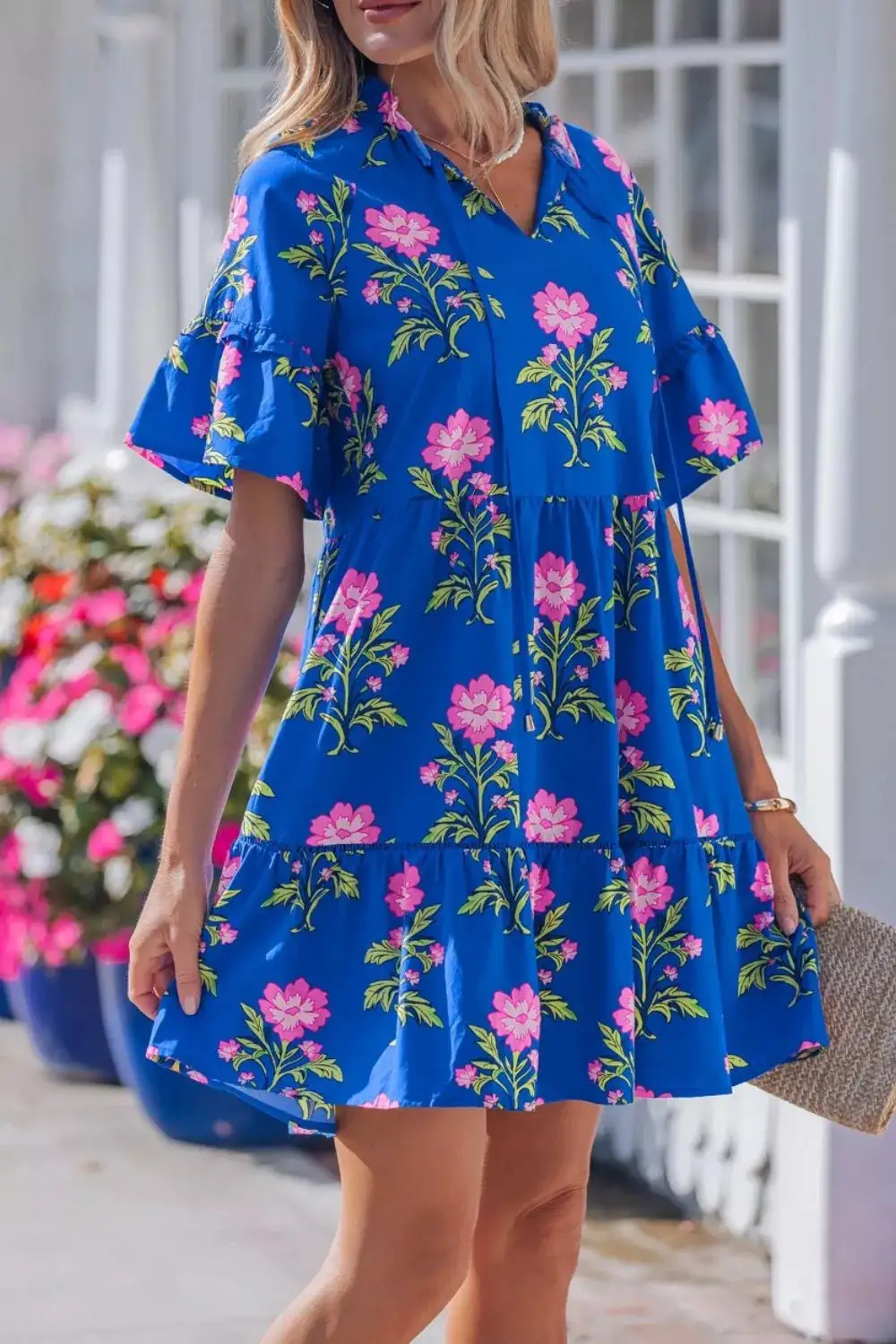 Floral V Neck Short Sleeve Dress Casual
