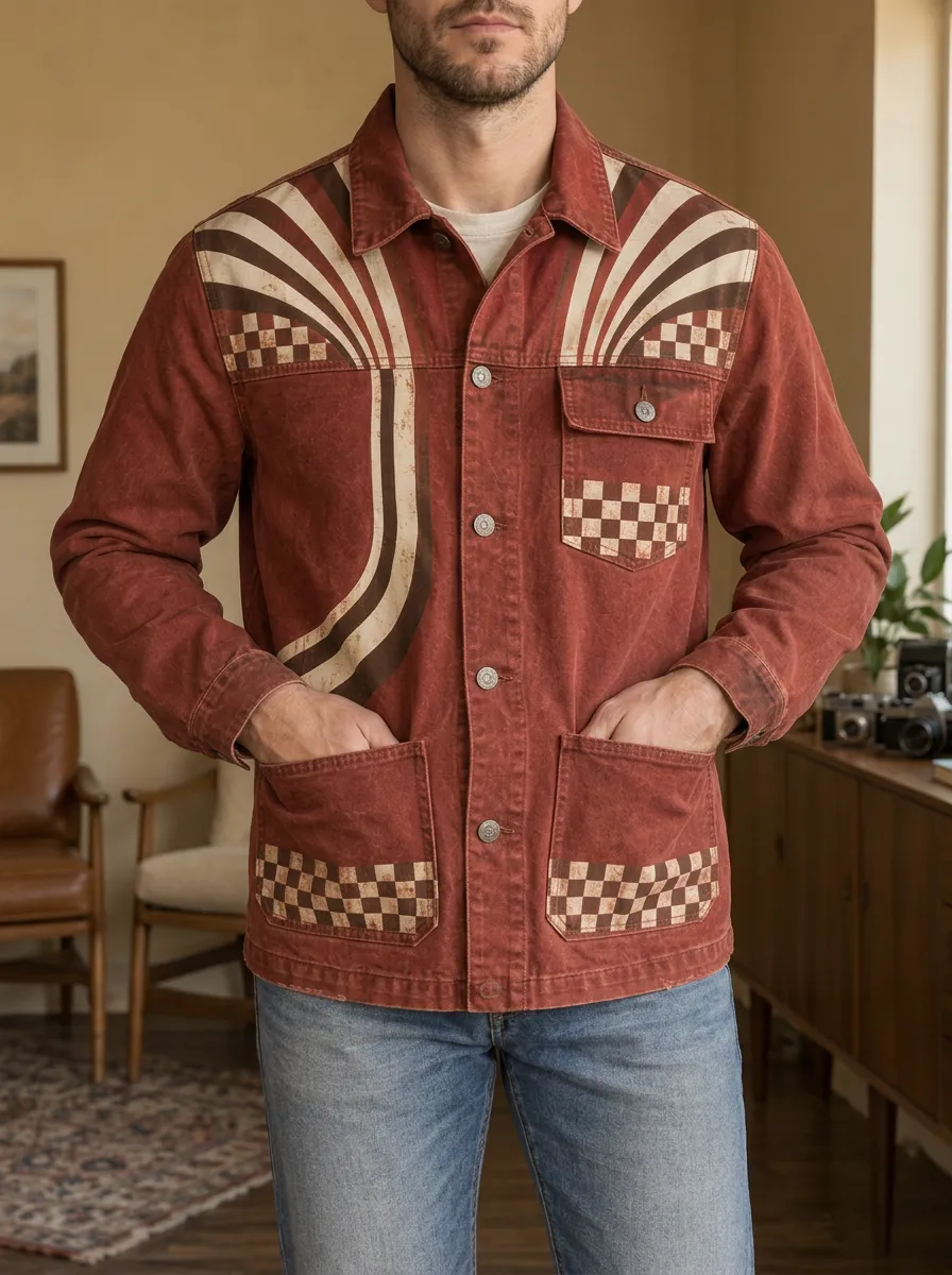 Men's Vintage Retro Checkerboard Sunburst Rugged Adventure Jacket