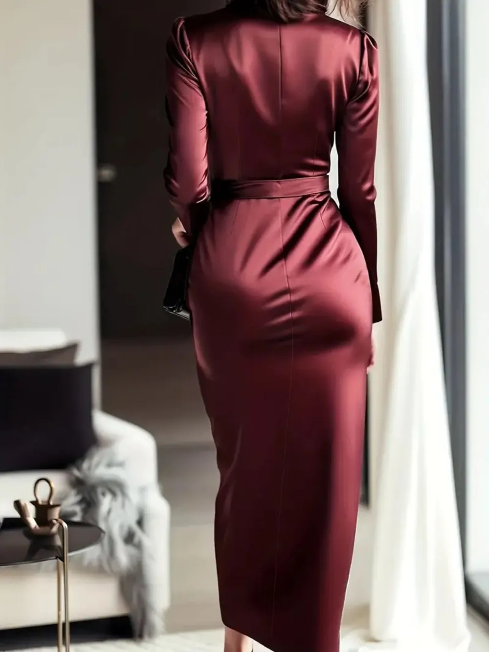 Satin Tie Waist Long Sleeve Dress Casual