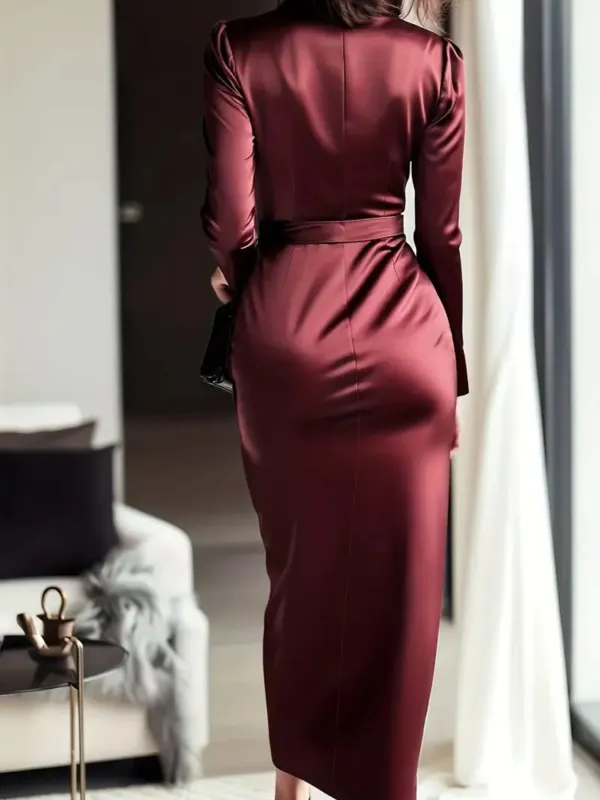 Satin Tie Waist Long Sleeve Dress Casual