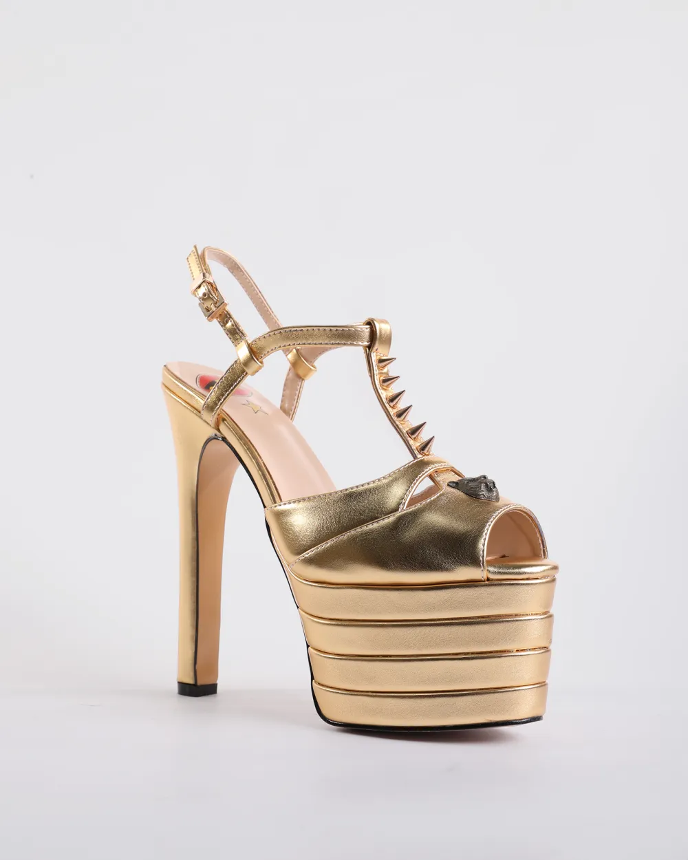 Rivet Strap Platform Heels in Gold
