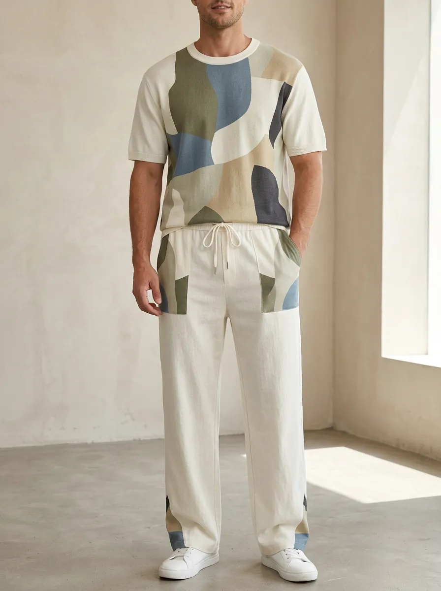 Men's Abstract Geometric Pattern Printed Casual Lounge Set