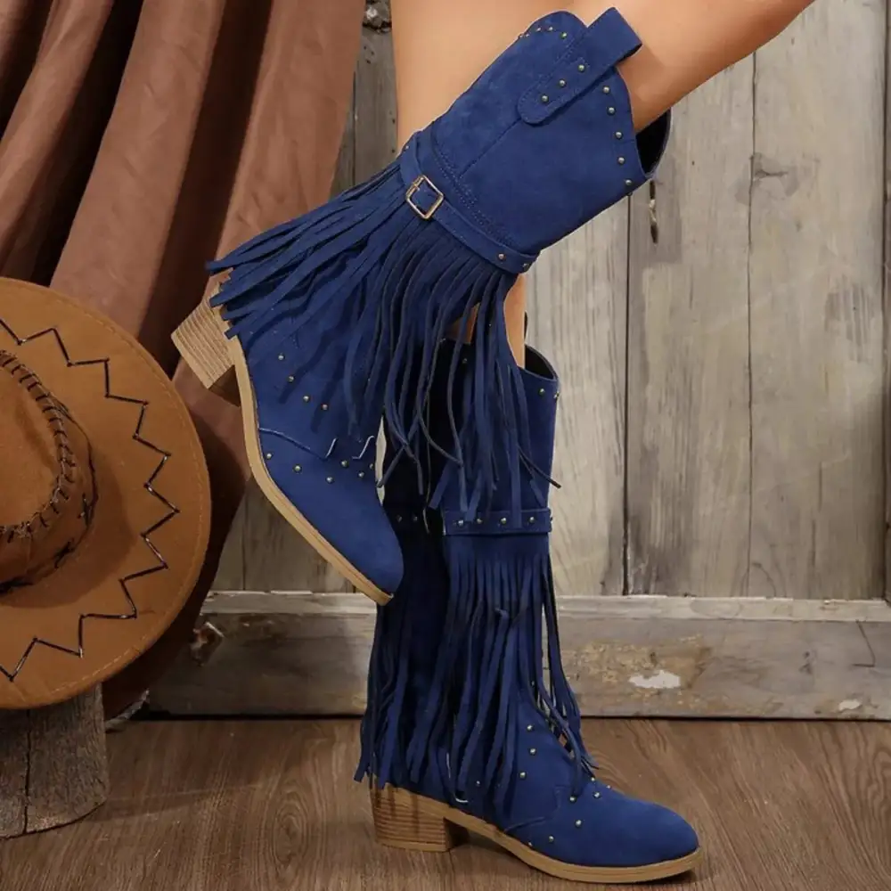 Casual Fringe Point Toe Block Heels Boots