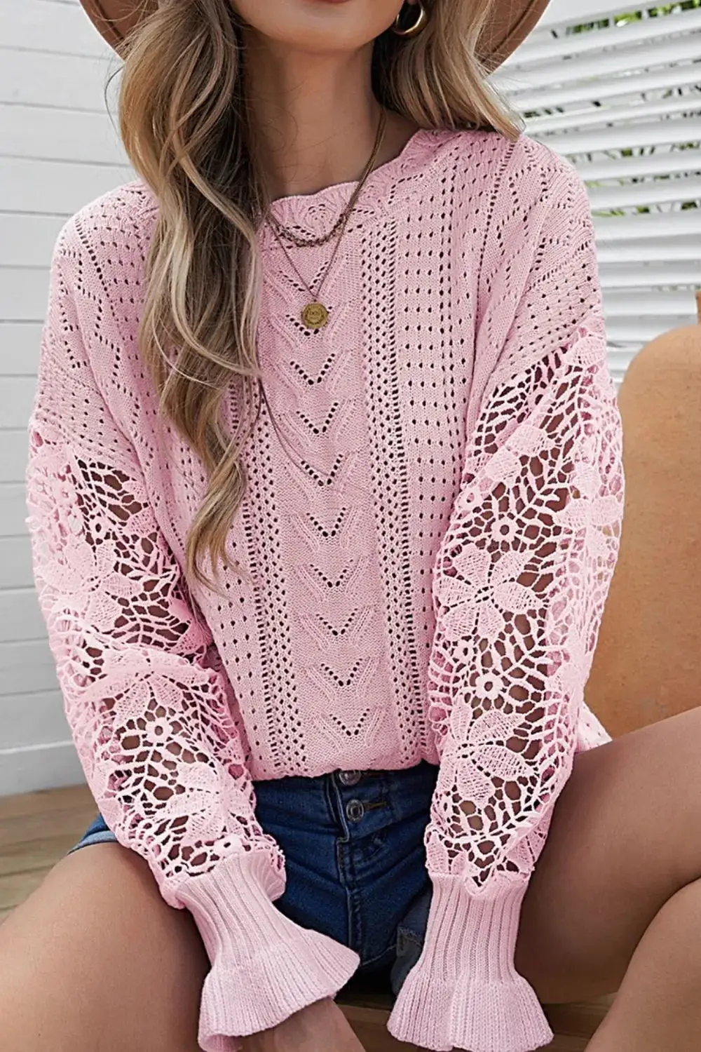 Long Sleeve Round Neck Openwork Sweater