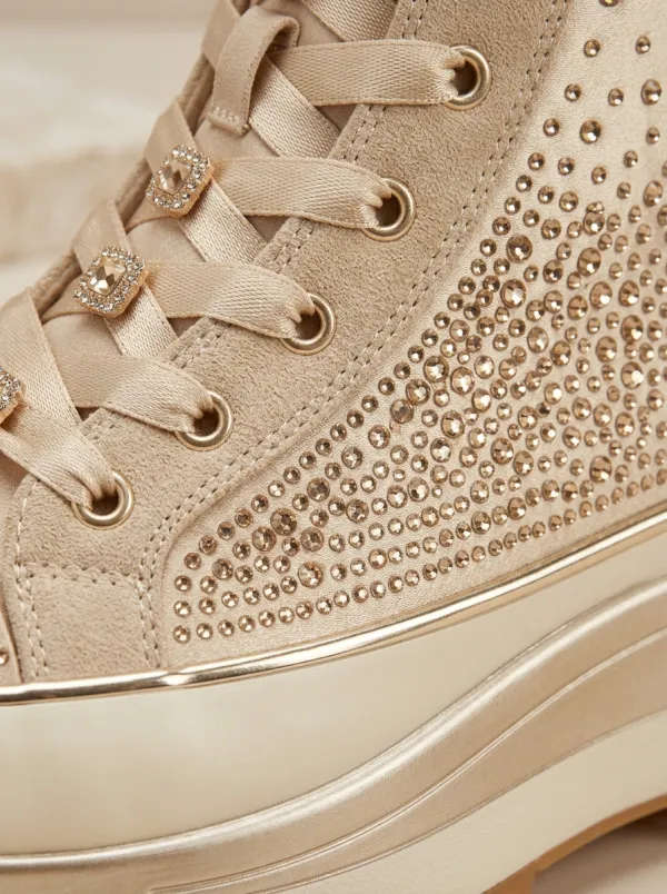 Lace-Detail Lace-Up Women's Rhinestone Platform Shoes