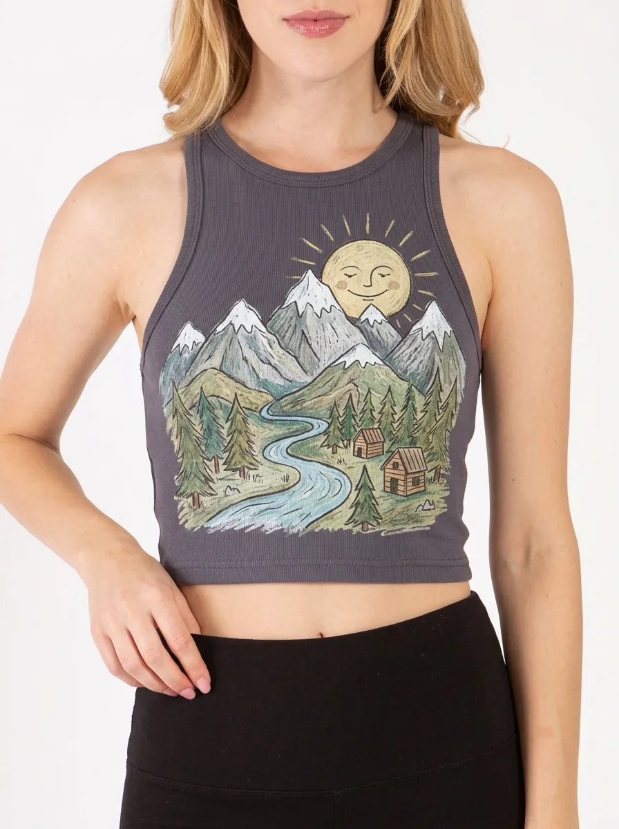 Women's Nature Mountain River Cabin Graphic Crop Tank Top