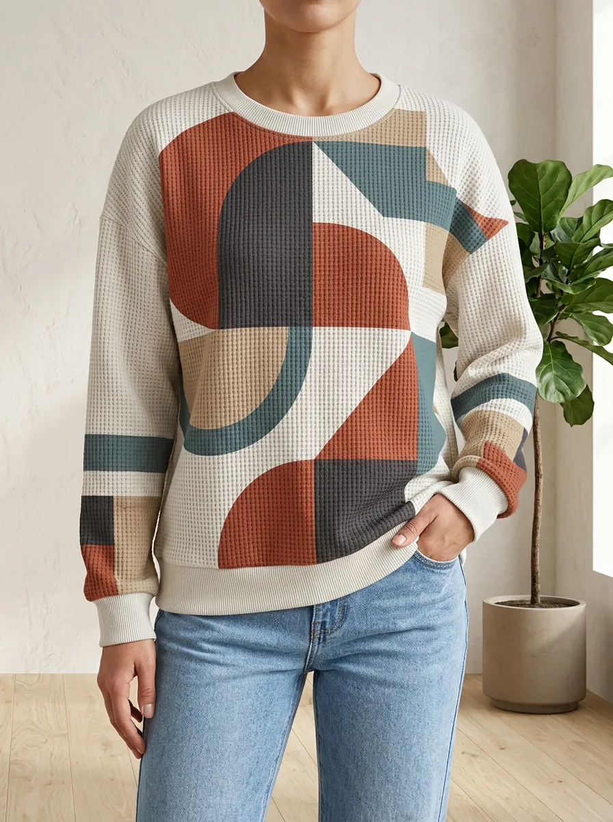 Women's Geometric Abstract Art Printed Waffle Knit Crewneck Sweatshirt