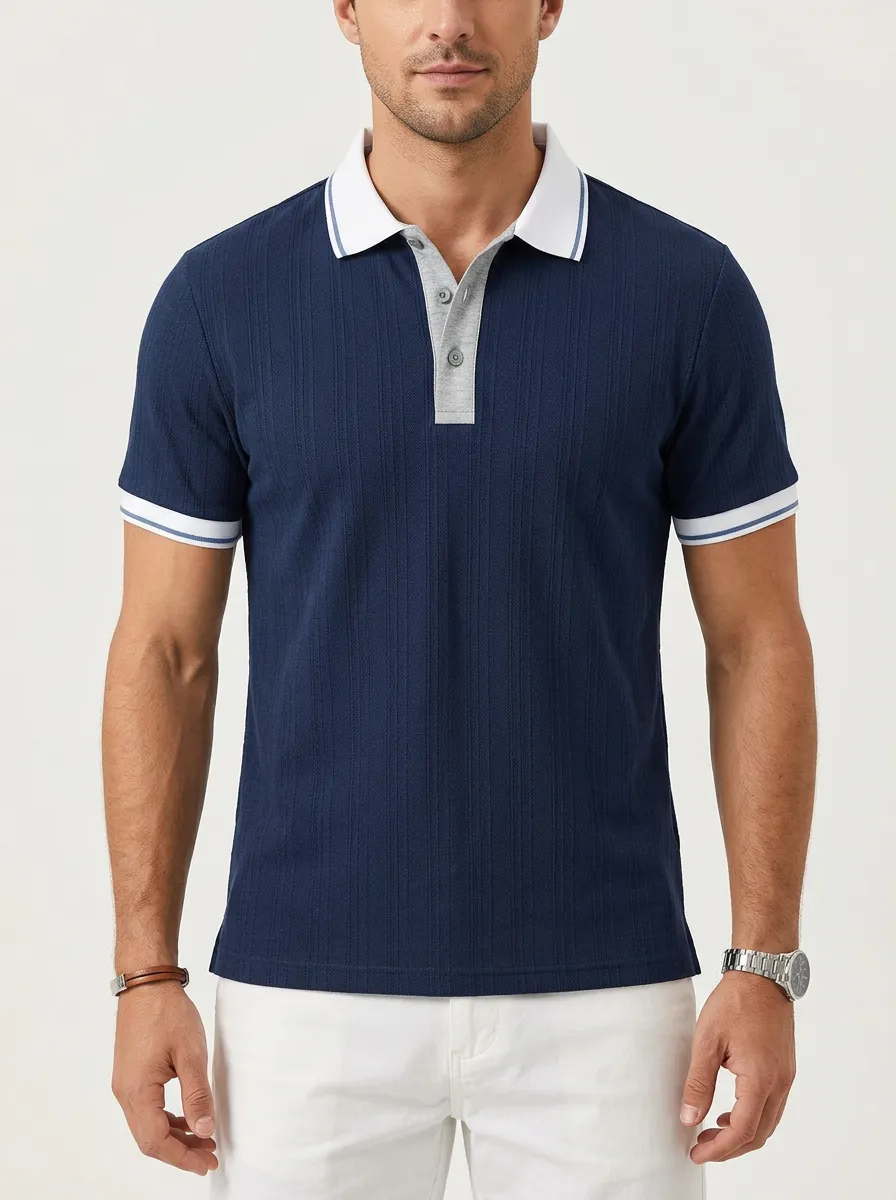 Men's Navy Blue Vertical Ribbed Contrast Collar Polo Shirt