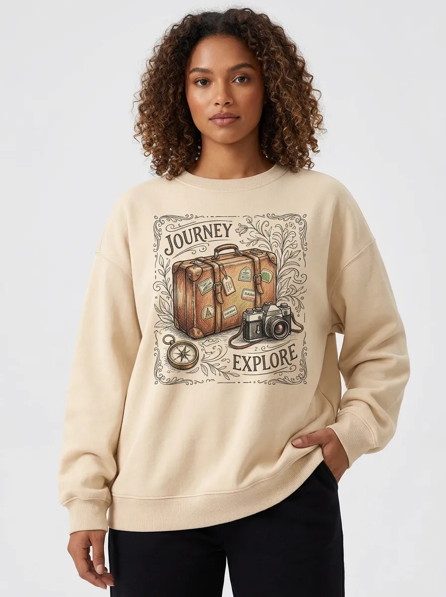 Women's Travel Journey Explore Suitcase Camera Graphic Sweatshirt