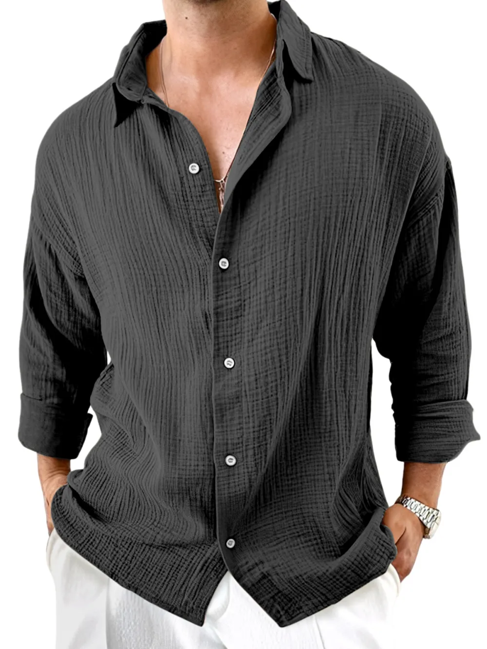 Roomy Long Sleeve Camp Collar Pleated Front Shirt