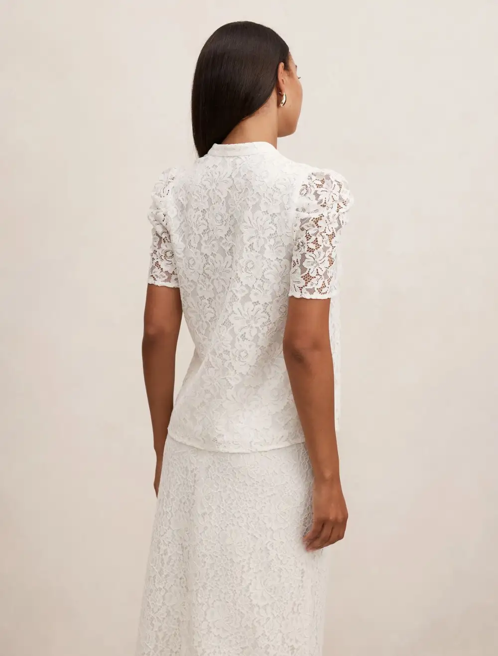 White Lace Short Sleeve Button-Down Blouse