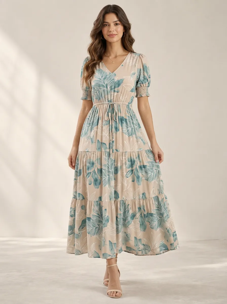 Women's Botanical Leaf Weekend Ready V Neck Smocked Printed Dress