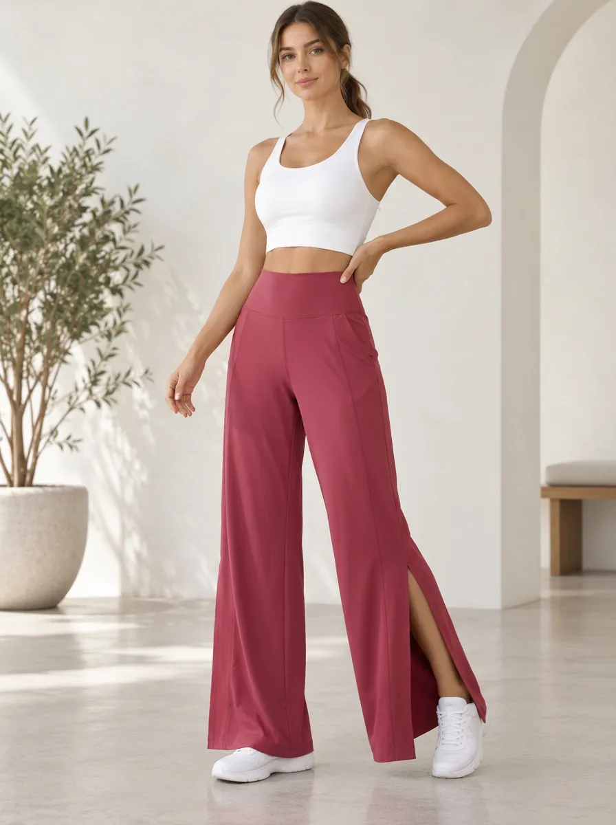 Women's High Waist Flowing Motion Wide Leg Side Slit Athletic Pants