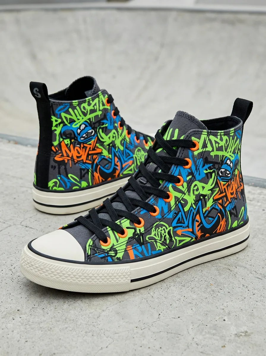 Weekend Streetwear Graffiti Art Printed Canvas High Top Shoes