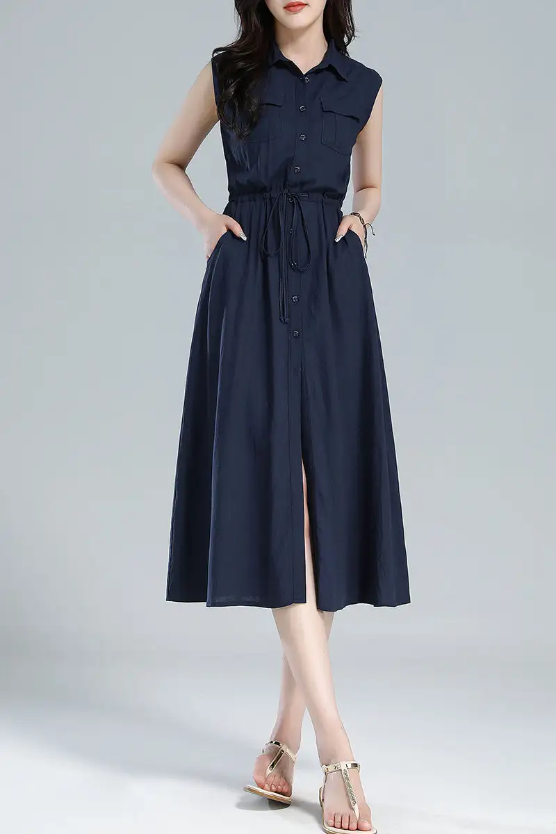 Linen Shirt Sleeveless Midi Dress
