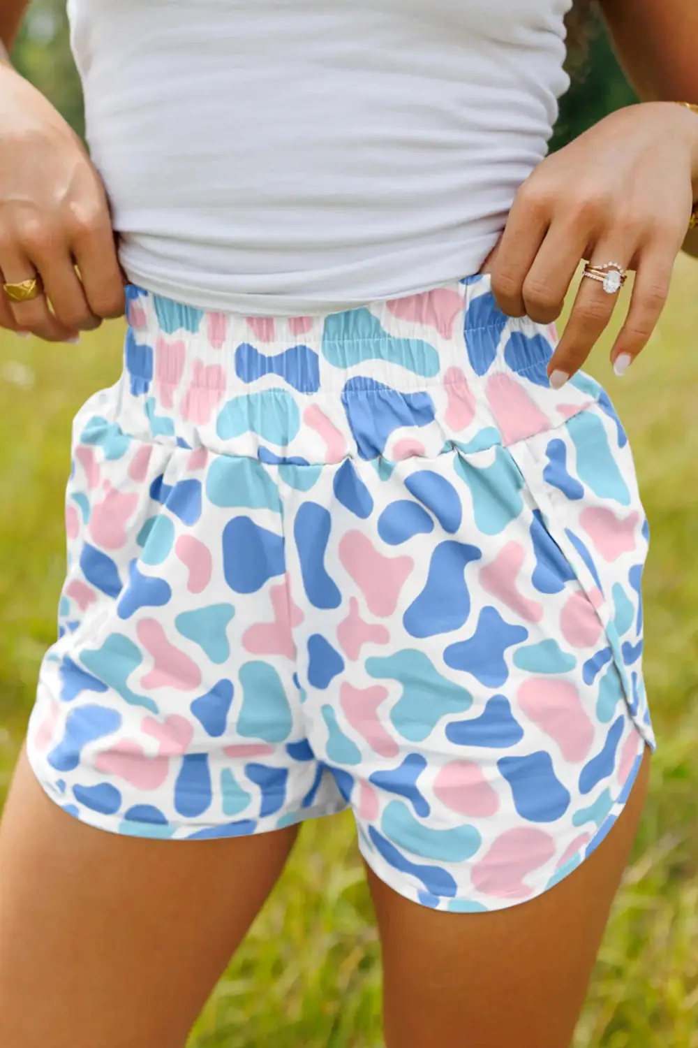 High-Waist Shirred-Waist Camouflage Athletic Shorts