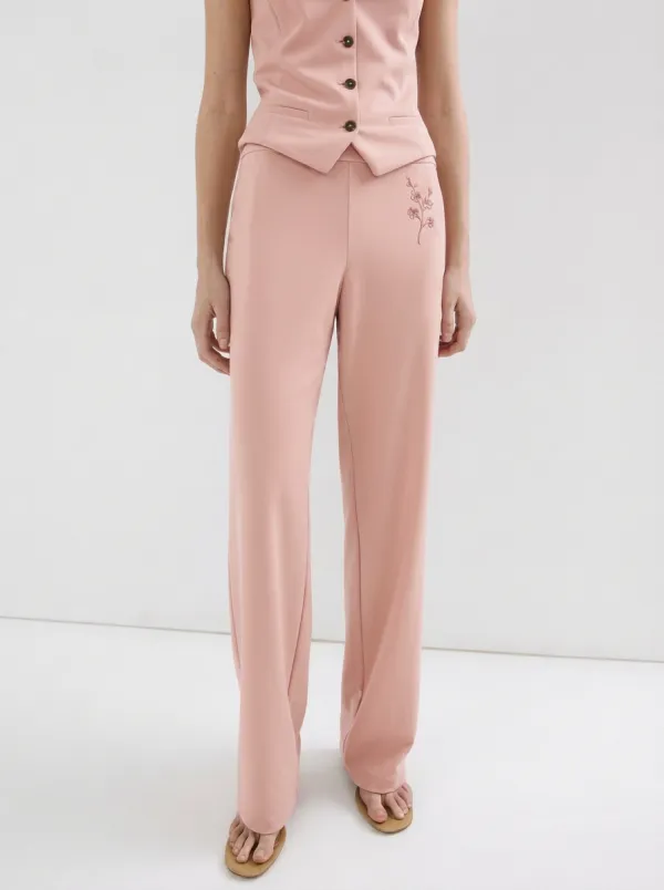 Women's Minimalist Floral Embroidery Beige Mid-Rise Straight Pants