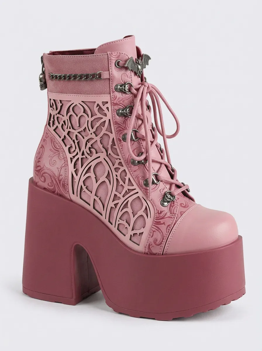 Nightfall Skull Bat Embossed Look Women's Gothic Platform Boots