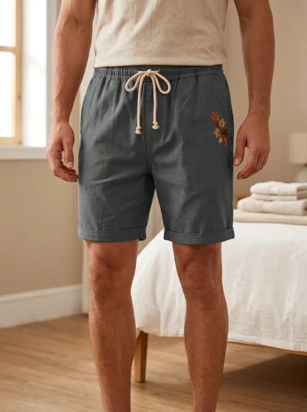 Tan Embroidered Leaf Detail Drawstring Drawstring Shorts