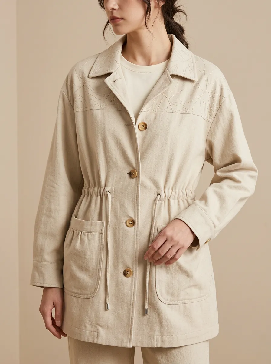 Botanical Leaf Embroidery Drawstring Waist Printed Jacket