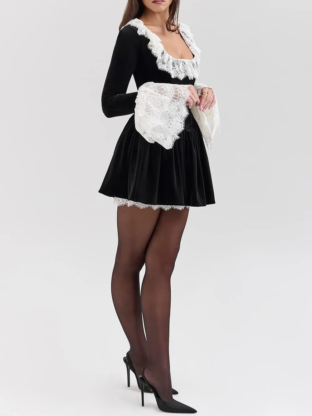 Velvet Lace Trimmed Elegant Mini Dress