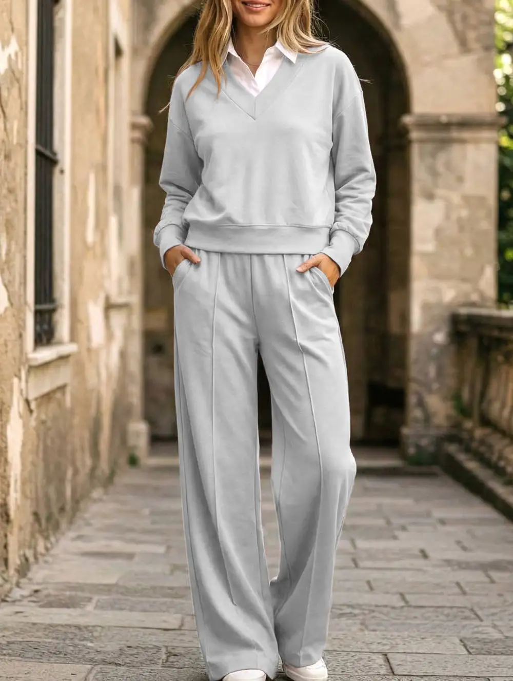 Collar Loose Top and Wide-Leg Pants Set