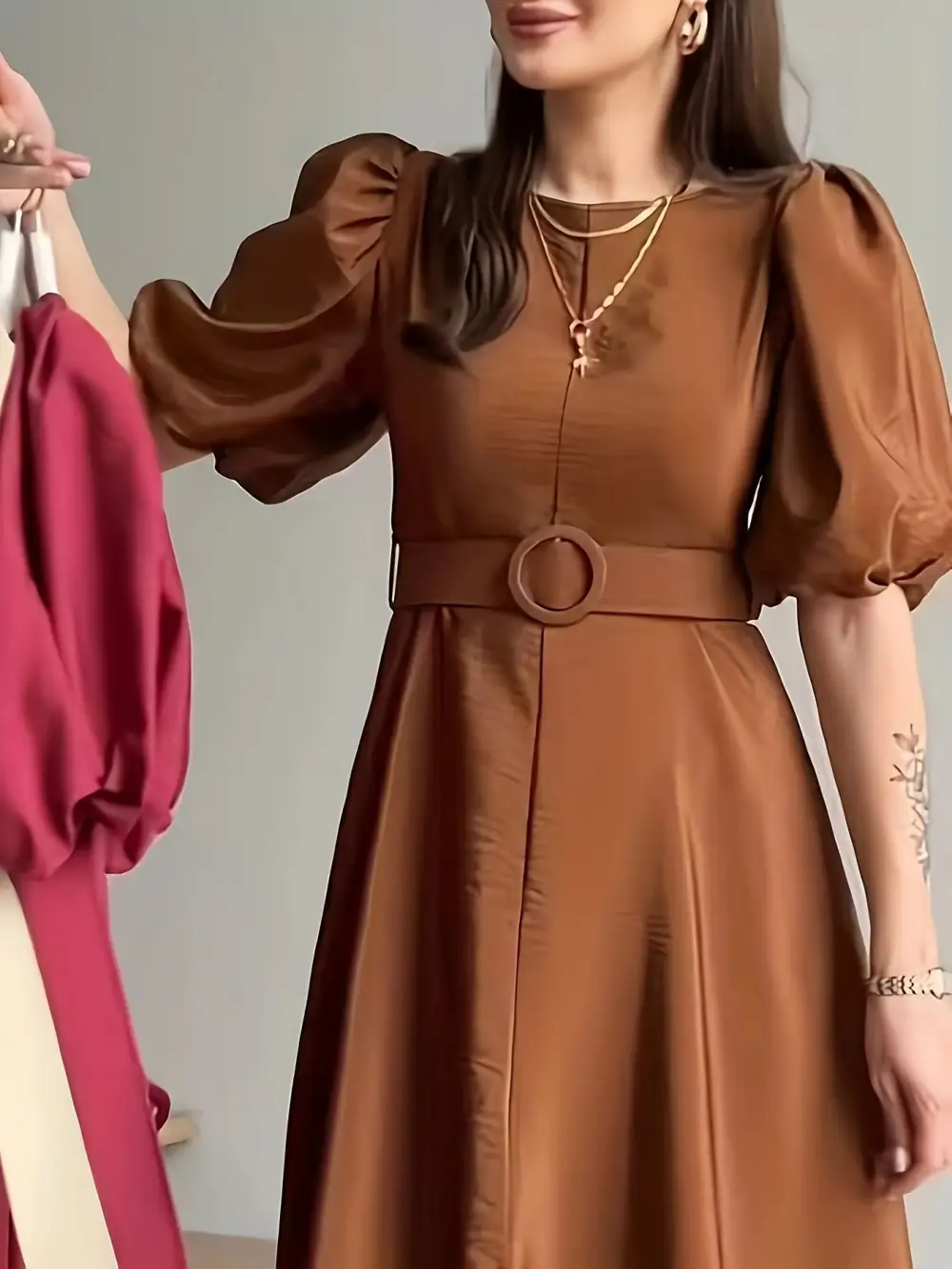 Tie Waist Puff Sleeve Midi Dress