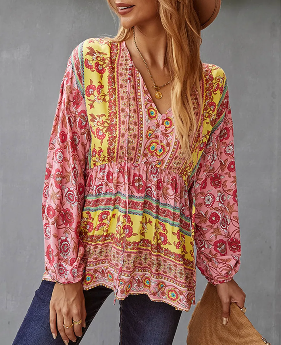Floral Print Loose Drawstring V Neck Blouse