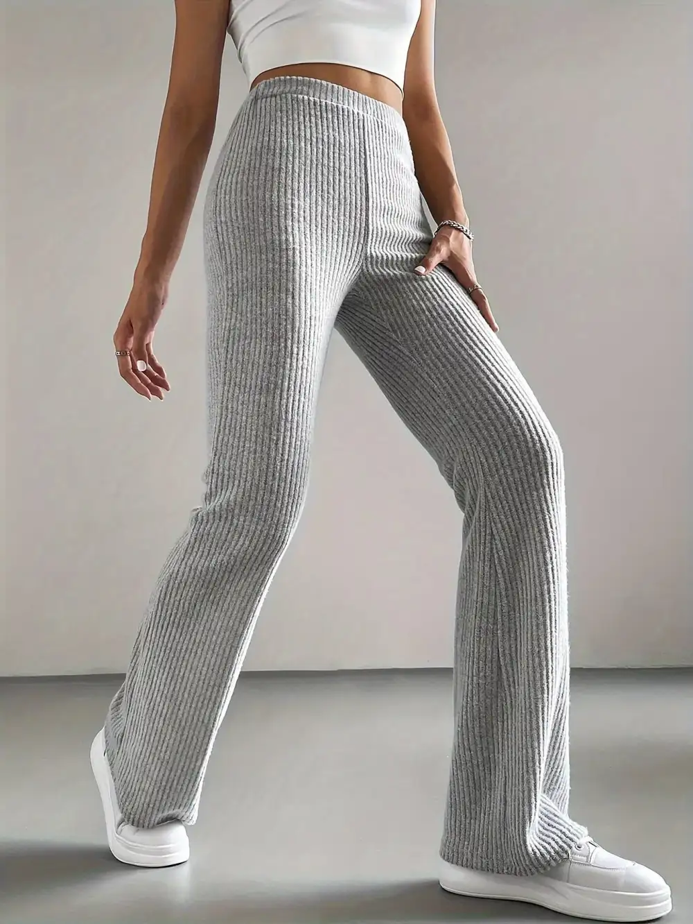 Classic Ribbed Knit High Waist Flare Pants