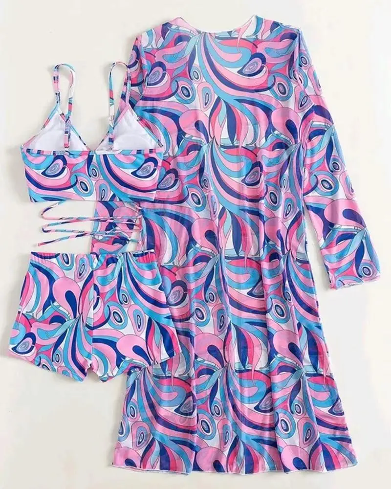 3PCS Abstract Print Drawstring Bikini Set With Cover Up