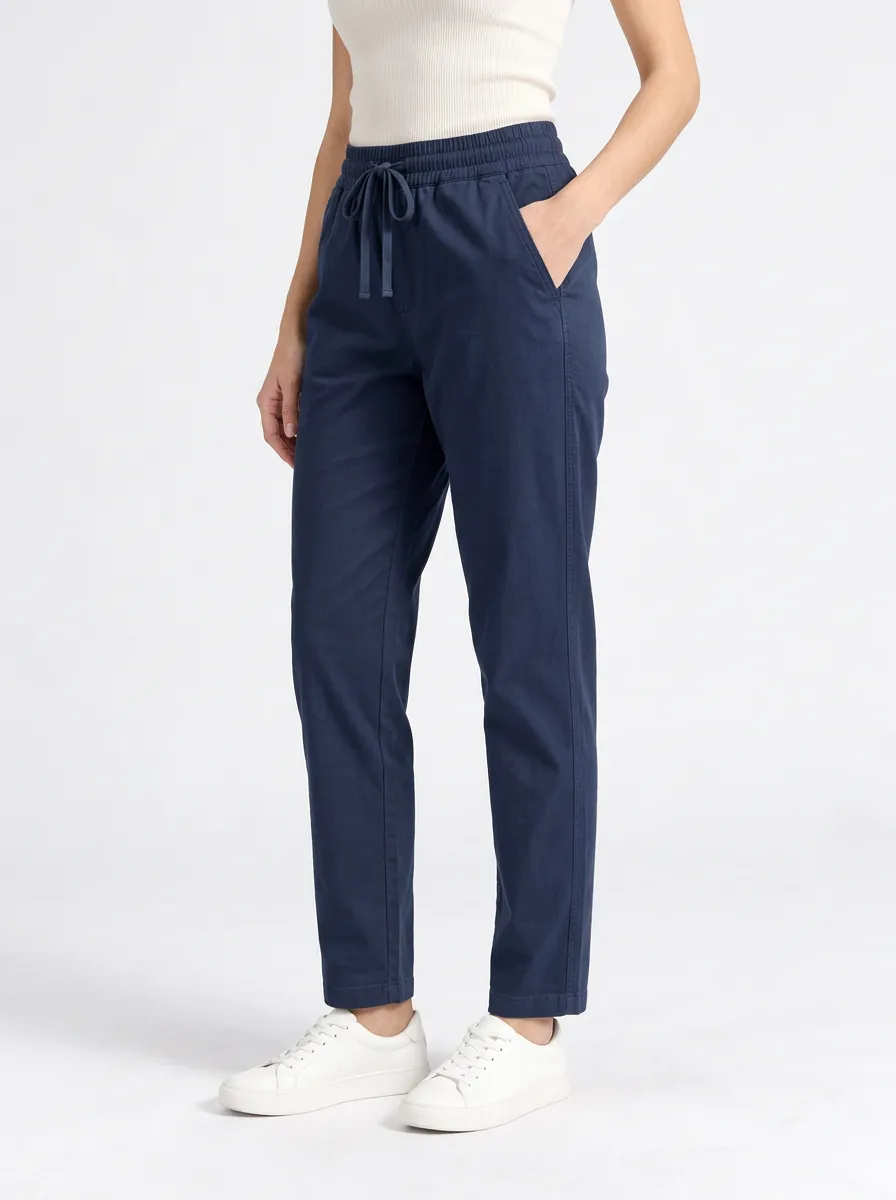 Women's Drawstring Elastic Waist Trousers in Navy Blue