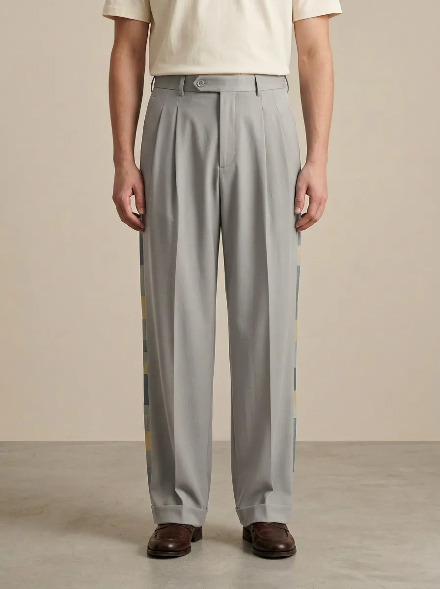 Men's Casual Fashion Plaid Side Striped Printed Wide Leg Trousers