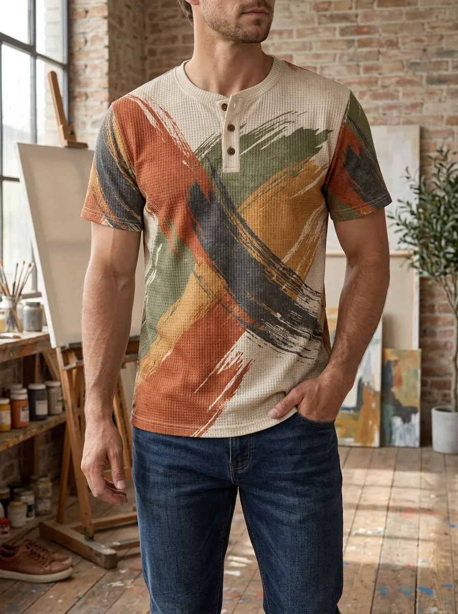 Men's Classic Abstract Brushstroke Waffle Knit Motif Henley T-Shirt