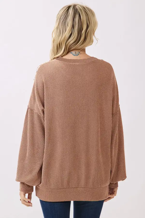 Leopard Print Round Neck Ribbed Relaxed Viscose Blend Long Sleeve Top