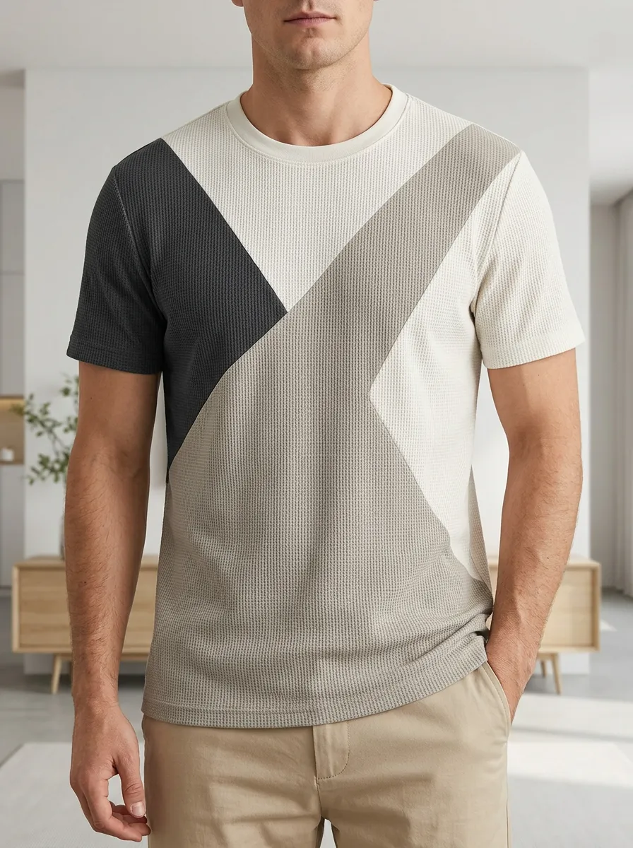 Men's Geometric Colorblock Waffle Knit Classic Crew Neck T-Shirt